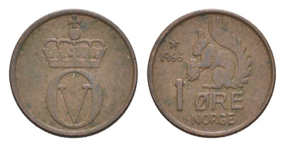 Норвегия 1 эре 1966 Улаф V (1957-1991) KM 403 бронза 4632-1117