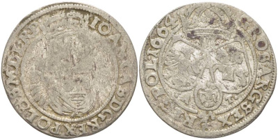 Польша 6 грошей (шостак) 1664 A-T, Ян II Казимир (1648-1668), вес 3,2 гр, легенда (IOAN CAS DG REX POL & SMDLRP) KM 91, Kopinski 136.6b серебро 1517-812