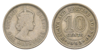 Малайя и Британское Борнео 10 центов 1953 KM 2 медно-никель 4614-1121