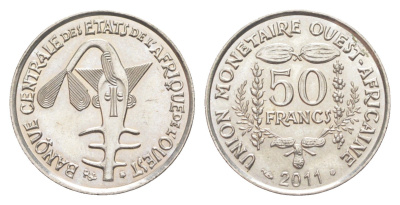 Западная Африка (BCEAO) 50 франков 2011 KM 6 медно-никель UNC 4651-914