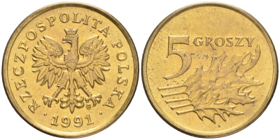 ПОЛЬША 5 ГРОШЕЙ 1991 MW KM 278 латунь UNC 4516-1222