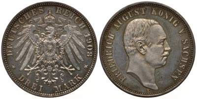 Саксония 3 марки 1908 Е, Фридрих Август III (1904-1918) Weege 132, J. 135, KM 1267 серебро PROOF 00-812-56