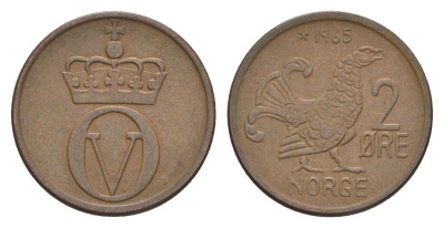 Норвегия 2 эре 1965 Улаф V (1957-1991) KM 410 бронза 4635-343