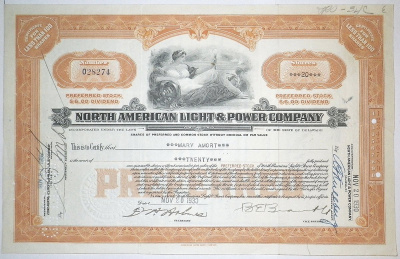 США, NORTH AMERICAN LIGHT & POWER COMPANY 20 акции 1930 бумага 00-00