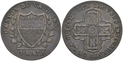 Швейцария, Вод 1 батцен = 10 раппенов 1831 кантон VAUD KM 20 биллон 1524-135