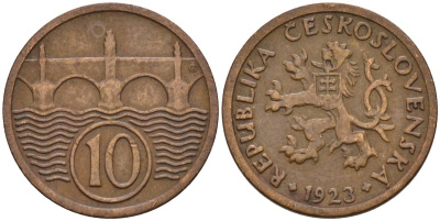 Чехословакия 10 геллеров 1923 KM 3 медь цинк 4152-662
