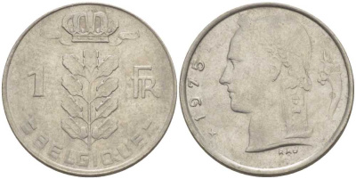 БЕЛЬГИЯ 1 ФРАНК 1975 BELGIQUE, БОДУЭН I (1951-1993) KM 142.1 медно-никель 213-534