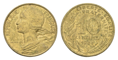 Франция 10 сантимов 1981 KM 929 алюминиевая бронза 4674-616