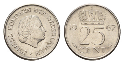 Нидерланды 25 центов 1967 Юлиана (1948-1980) KM 183 никель 4658-852