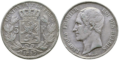 Бельгия 5 франков 1853 Леопольд I (1831-1865) KM 17 серебро 00-1067-5-51