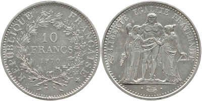 Франция 10 франков 1970 Геракл с богинями равенства и братства KM 932 серебро 272-623