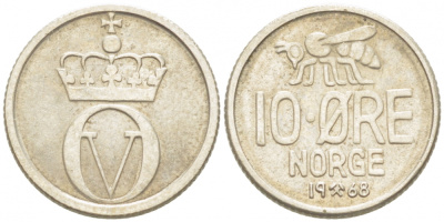 Норвегия 10 эре 1968 пчела, Улаф V (1958-1991) KM 411 медно-никель 3955-219
