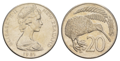Новая Зеландия 20 центов 1981 Елизавета II (1952-2022), птичка киви KM 36 медно-никель 87-1021