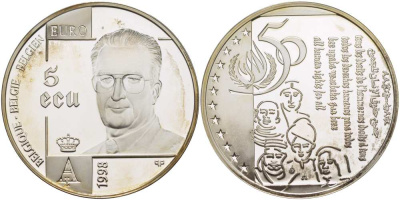Бельгия 5 экю 1998 50 лет принятия декларации по правам человека (1948-1998), Альберт II KM 221 серебро PROOF 11-173-15