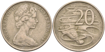 Австралия 20 центов 1967 Елизавета II (1952-2022), утконос KM 66 медно-никель 4131-842