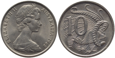 Австралия 10 центов 1968 Елизавета II (1952-), птица лирахвост KM 65 медно-никель 3334-715
