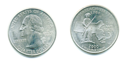 США 25 центов = квотер 2000 Р, серия штаты США, Массачусетс KM 305 медь плакированная медно-никелем 61-1144
