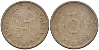 Финляндия 5 пенни 1972 KM 45 медь 4585-925