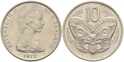 Новая Зеландия 10 центов 1977 Елизавета II (1952-2022), маска маори KM 41.1 медно-никель 212-1137