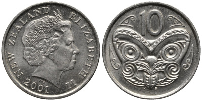 Новая Зеландия 10 центов 2001 Елизавета II (1952-2022), маска маори KM 117 медно-никель 4579-957