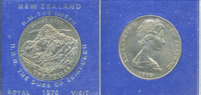 Новая Зеландия 1 доллар 1970 гора Кука, Аораки, Елизавета II (1952-2022), в оригинальной пластиковой упаковке KM 42 медно-никель UNC 06-059-1