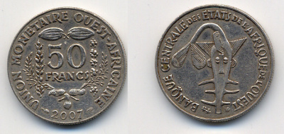 ЗАПАДНО-АФРИКАНСКИЕ ШТАТЫ 50 ФРАНКОВ 2007 KM 6 медно-никель 26-1467