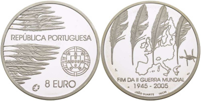 Португалия 8 евро 2005 60 лет окончания 2-ой мировой войне KM 773а серебро PROOF 02-087-22