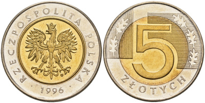 Польша 5 злотых 1996 MW KM 284 биметалл UNC 00-00