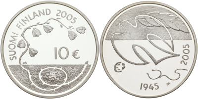 Финляндия 10 евро 2005 60 лет мира в Европе, голубь мира KM 120 серебро  PROOF  1098-3-14