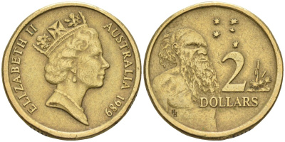 Австралия 2 доллара 1989 абориген, Елизавета II (1953-) KM 101 алюминиевая бронза 4126-1051