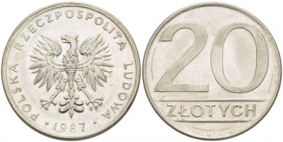 ПОЛЬША 20 ЗЛОТЫХ 1987 KM 153.1 медно-никель 77-452