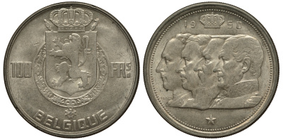 Бельгия 100 франков 1950 Belgique, королевская династия KM 138.1 серебро 557-1335