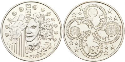 Франция 1/4 евро 2003 первая годовщина евровалюты KM 1991 серебро UNC 1521-1044