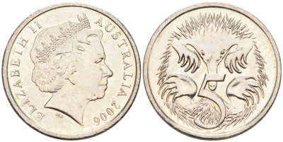 Австралия 5 центов 2006 ехидна, Елизавета II (1952-) KM 401 медно-никель UNC 4576-839
