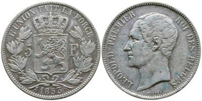 Бельгия 5 франков 1853 Леопольд I (1831-1865) KM 17 серебро 00-1067-5-61