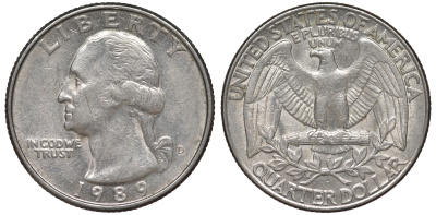 США 25 центов = квотер 1989 D, Вашингтон KM A164a медь плакированная медно-никелем 4556-1031