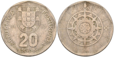 Португалия 20 эскудо 1987 KM 634 медно-никель 4572-1046