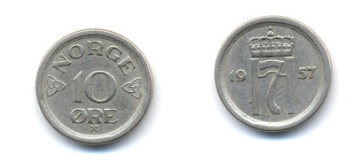 НОРВЕГИЯ 10 ЭРЕ 1957 KM 396 медно-никель 51-5215