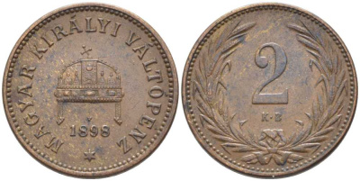 Венгрия 2 филлера 1898 KB, Франц Иосиф I (1848-1916) KM 481 бронза 112-511