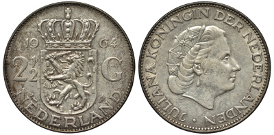 Нидерланды 2 1/2 гульдена 1964 Юлиана (1948-1980) KM 185 серебро 443-412