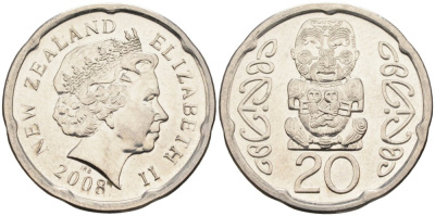 Новая Зеландия 20 центов 2008 Елизавета II (1952-2022), идол Пукаки KM 118а никелированная сталь 4579-1232