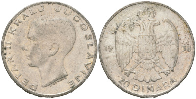 Югославия 20 динаров 1938 Петр II (1934-1945) KM 23 серебро 4177-744
