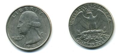 США 25 ЦЕНТОВ = КВОТЕР 1989 P, ВАШИНГТОН KM А164а медь плакированная медно-никелем 59-2045