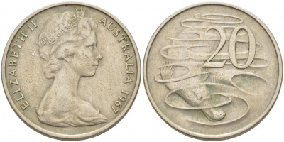 Австралия 20 центов 1967 Елизавета II (1952-2022), утконос KM 66 медно-никель 3457-145