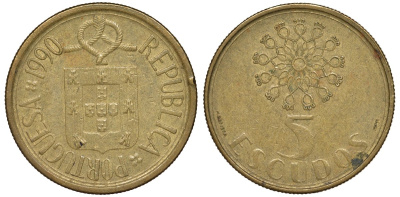 Португалия 5 эскудо 1990 KM 632 никель латунь 51-1726