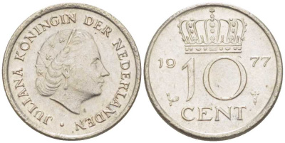 НИДЕРЛАНДЫ 10 ЦЕНТОВ 1977 ЮЛИАНА (1948-1980) KM 182 никель 211-1229