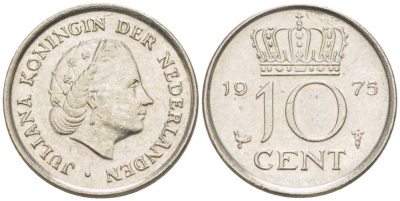 НИДЕРЛАНДЫ 10 ЦЕНТОВ 1975 ЮЛИАНА (1948-1980) KM 182 никель 116-1235