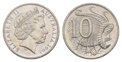 Австралия 10 центов 2003 Елизавета II (1952-2022), птица лирахвост KM 402 медно-никель 4384-523