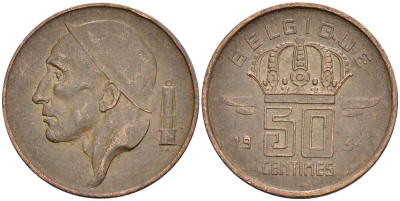 БЕЛЬГИЯ 50 САНТИМОВ 1955 BELGIQUE KM 148.1 бронза 4528-944