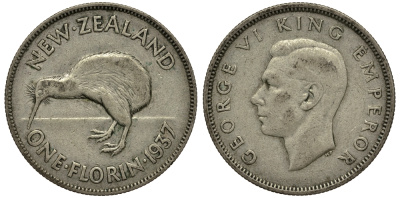 Новая Зеландия 1 флорин 1937 Георг VI (1936-1952), птичка киви, первый год KM 10.1 серебро 272-1432